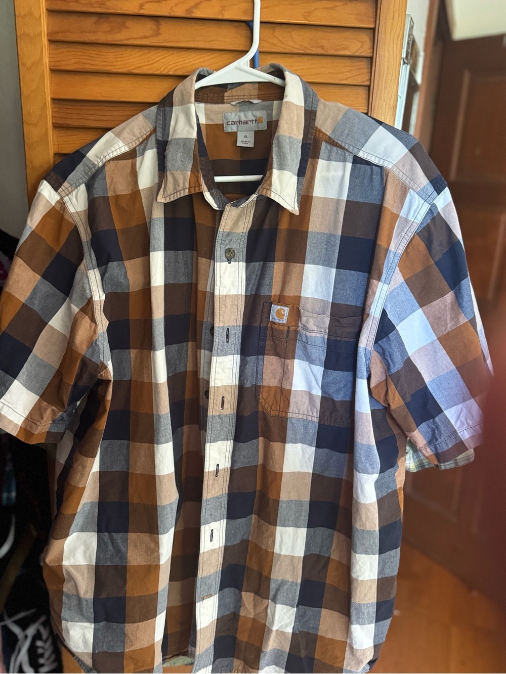 Carhartt Brown Tan Gray Blue Plaid Work Shirt